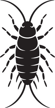 Black silhouette vector icon of silverfish insect isolated on gray checkered background design
