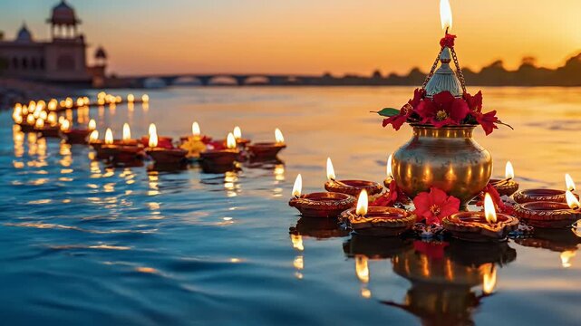 Cheti Chand river symbolism background with floating oil lamps and kalash pot
