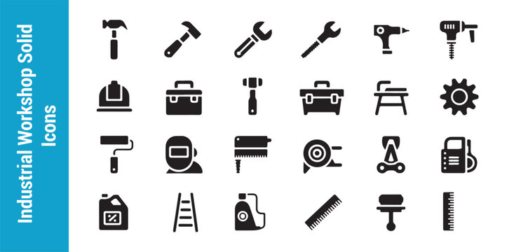 Industrial workshop solid icons set featuring various hand tools safety helmet construction materials and machine parts