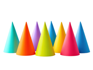 Set of bright party cone hats arranged in a row isolated on transparent background.
