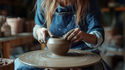 Woman potter skillfully shapes clay on spinning wheel, creating authentic piece of pottery in cozy studio. Her hands are covered in clay, reflecting her dedication and artistry
