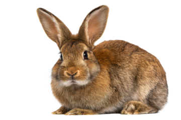 Brown rabbit sitting with realistic fluffy fur texture isolated on transparent background.