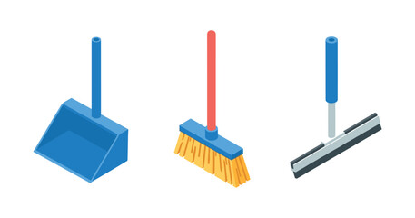 Isometric cleaning tools: blue dustpan, red-handled broom, blue-handed squeegee