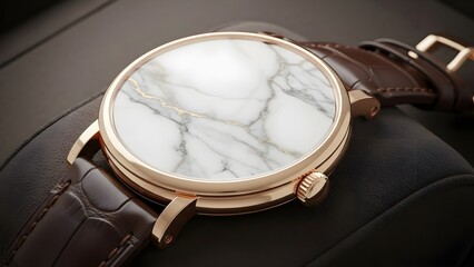 Luxury Rose Gold Watch with White Marble Face and Brown Leather Strap Product Shot