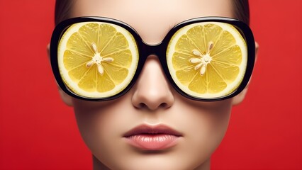 Woman Wearing Black Sunglasses with Lemon Slices as Lenses on Red Background