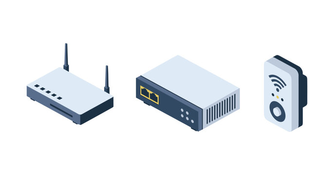 Isometric wifi router, network switch, and wireless extender set