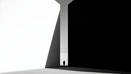 Minimalist Black and White Abstract Corridor with Distant Person