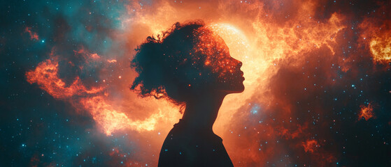 A human profile against a backdrop of cosmic nebulae and stars symbolises dreams and infinity, making it suitable for an inspiring background in motivational posters.