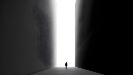 Single Person Walking Towards Bright Light in Dark Abstract Passage