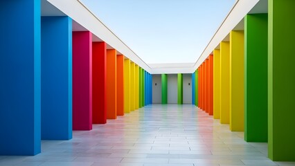 Bright Colorful Modern Hallway with Rainbow Pillars and White Floor
