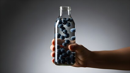 Hand Holding Glass Bottle with Blueberries in Water on Gray Background