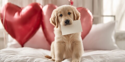 Golden retriever puppy sits on white bedding holding a Valentine card in its mouth. Heart balloons behind create a warm affectionate scene.