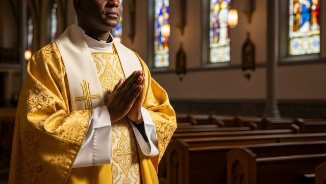 African catholic priest praying in a church. Man in golden vestment showing devotion during religious ceremony for faith and worship.