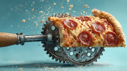 Pepperoni pizza slice cut by industrial gear mechanism
