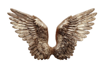 Gold angel wings ornament with spread wings and detailed feather texture isolated on transparent background.
