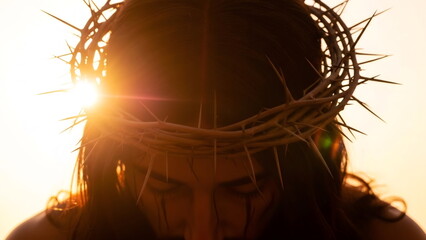 Man in crown of thorns against bright sunset. Jesus Christ concept for Easter, Good Friday, or religious worship.