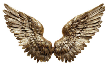 Fototapeta premium Gold angel wings ornament with spread wings and detailed feather texture isolated on transparent background. 