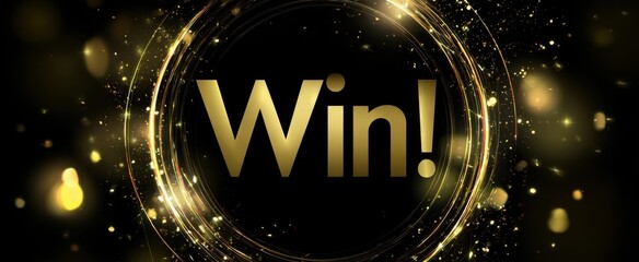 The Win sign shining in golden circular rings with sparkling bokeh lights