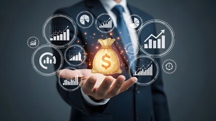Person presenting glowing bag of money with financial charts and data visualizations floating above hand.