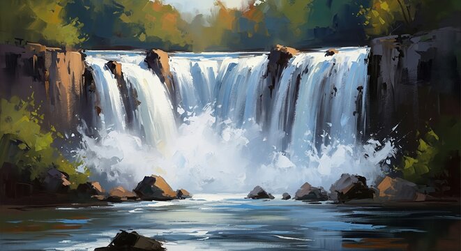 Vibrant painterly illustration of a powerful waterfall cascading amidst lush natural scenery