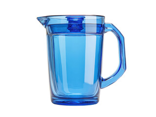 Blue water filter pitcher with a transparent body and handle isolated on transparent background.
