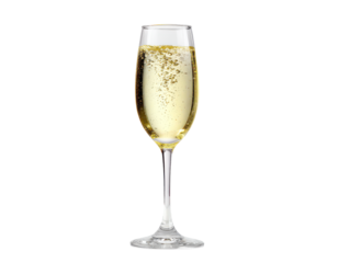 Champagne flute filled with sparkling white wine with crisp glass reflections isolated on transparent background.
