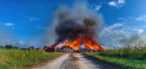 The Burning Pile of Debris on a Rural Dirt Road with Thick Smoke