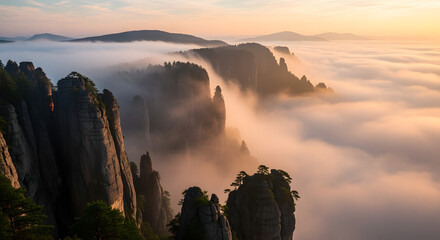 A breathtaking vista of towering rock formations piercing through a sea of fluffy, golden-hued clouds at sunrise