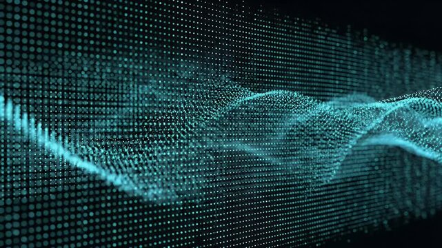 Dark abstract tech background with cyan random dots forming dynamic grid patterns