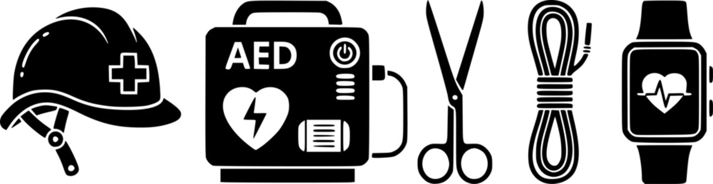 Medical icons set featuring a helmet, AED, scissors, rope, and a smartwatch
