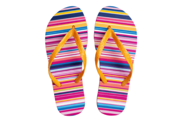 Pair of colorful striped flip flops with a bright summer pattern isolated on transparent background.
