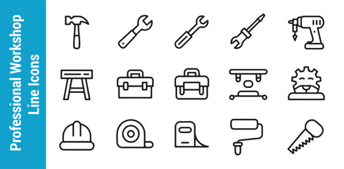 Professional workshop line icons set presents essential tools and safety equipment for craft and repair