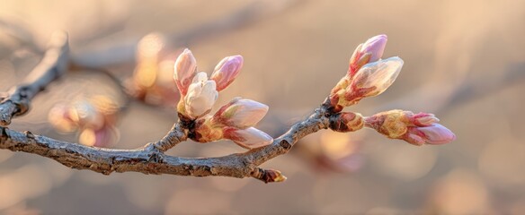 The flower buds on a sunlit tree branch in early spring golden morning