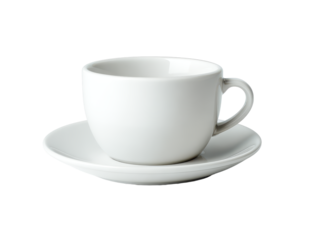 White coffee cup and saucer in a minimal cafe style isolated on transparent background.
