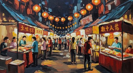 Obraz premium Lively Asian Night Market Alley Illuminated by Traditional Lanterns and Busy Food Vendors