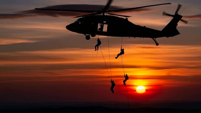 Military helicopter with soldiers rappelling at sunset