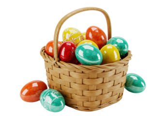Golden watercolor woven basket filled with multi-colored iridescent glass Easter eggs on a transparent background, copy space, elegant easter celebration atmosphere