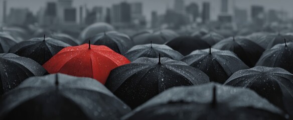 The Red Umbrella Standing Out in a Sea of Black Umbrellas in Rain