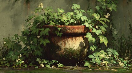 Overgrown terracotta pot with lush greenery in soft sunlight