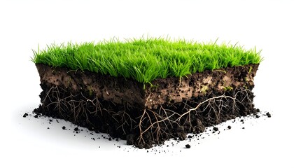 Cross-section of green grass and soil layers showing healthy roots and underground ecosystem.