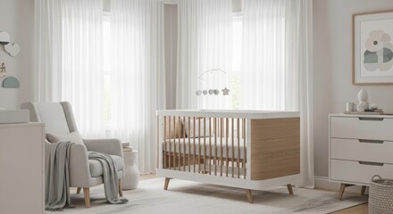 Modern nursery with minimalist crib and rocking chair