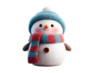 Cute snowman character with scarf and hat as a winter decoration isolated on transparent background.

