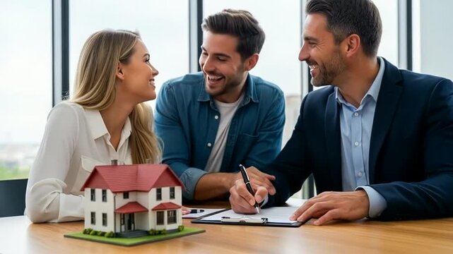 Young couple finalizing home purchase with real estate agent