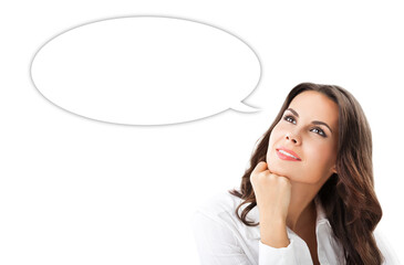 Portrait image - happy smiling, looking up, thinking, thoughtful cute businesswoman woman wear shirt, isolated white background with empty mockup speech bubble. Business ad concept. Free space