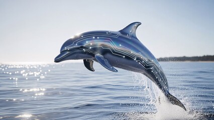 Digitally enhanced dolphin leaping from ocean water against a bright sky