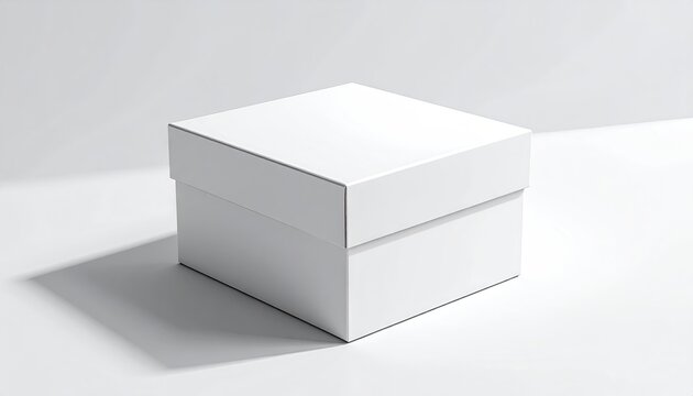 White cardboard box in studio setup casting a shadow on a white surface.
