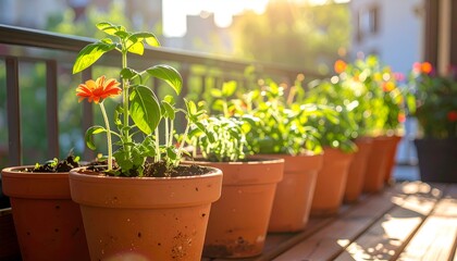 Fresh green seedlings growing in clay pots under sunlight, representing early plant growth and sustainability.