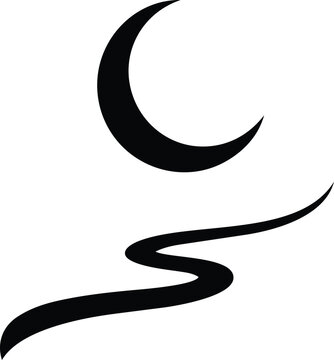 Minimalist black crescent moon and wavy river illustration on a white background
