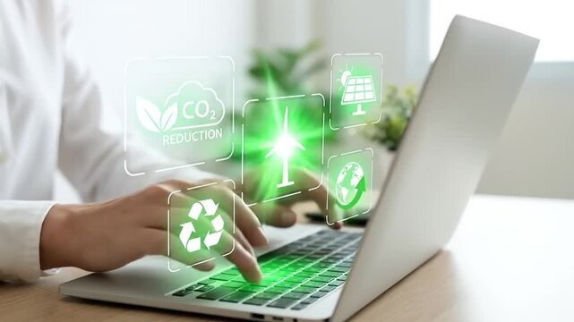 Person Working on Laptop with Sustainable Icons Renewable Energy and Carbon Reduction