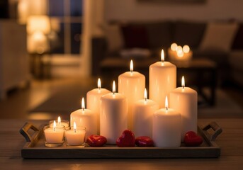 Burning White Candles With Red Decorative Hearts On Wooden Tray For Romantic Evening